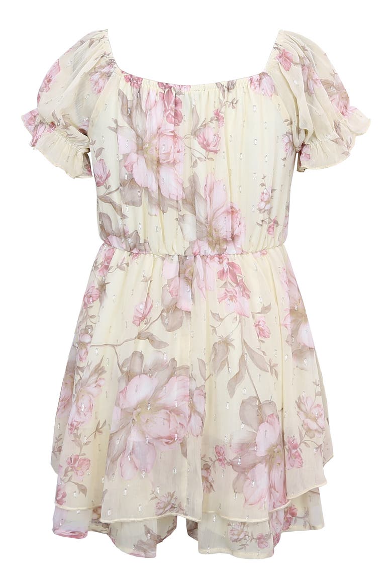 Floral Print Puff Sleeve Romper, Alternate, color, YELLOW/ PINK
