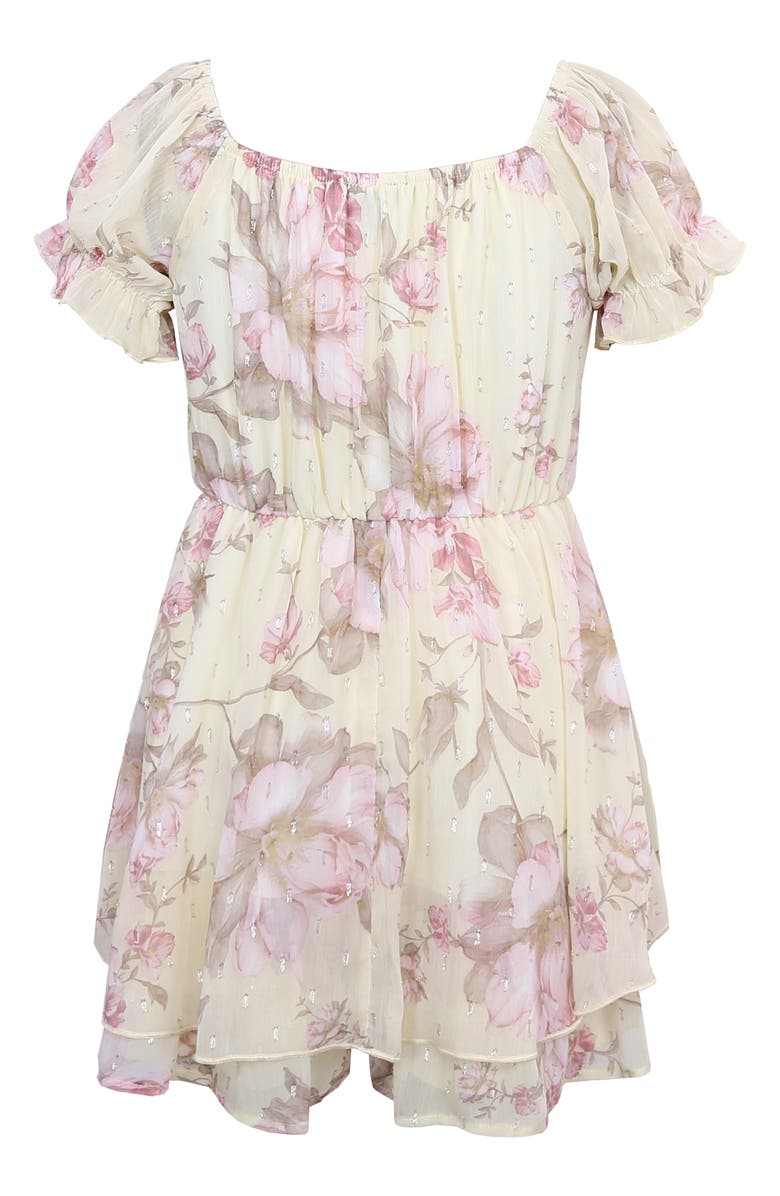 Zunie Floral Print Puff Sleeve Romper, Alternate, color, Yellow/ Pink