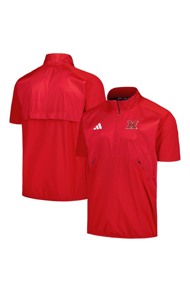 adidas Men's adidas Red Miami University RedHawks Sideline AEROREADY Raglan Short Sleeve Quarter-Zip Jacket, Alternate, color, Red