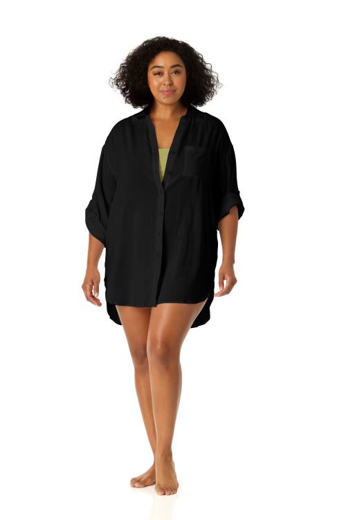 Anne Cole Women's Plus Live In Color Button Down Shirt Swimsuit Cover Up in Black at Nordstrom, Size 20 W