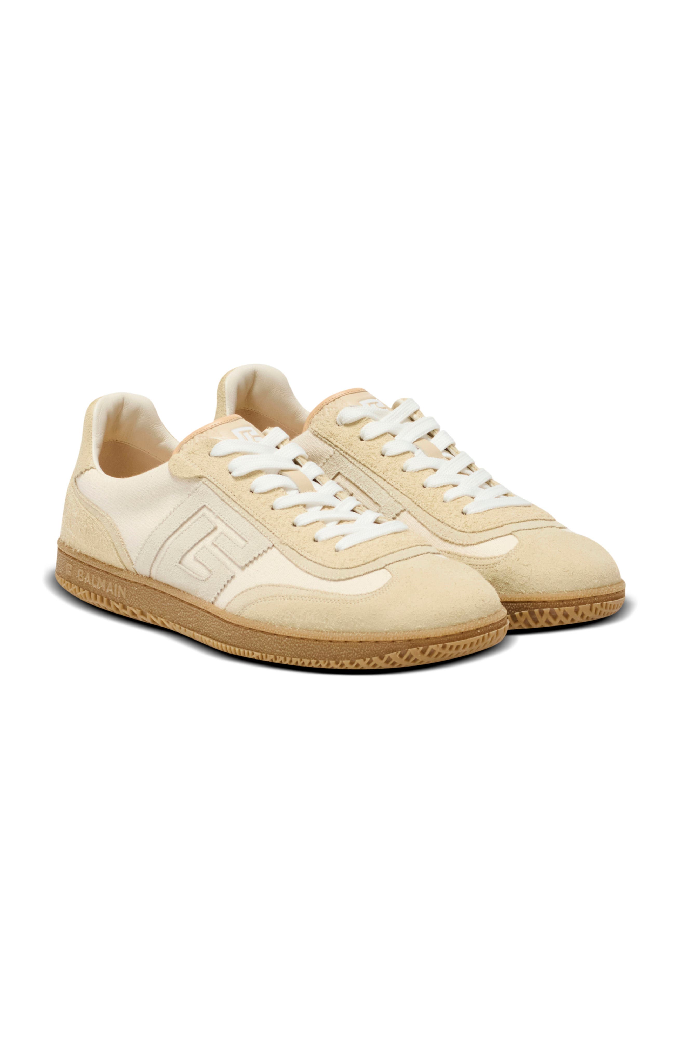 Balmain Swan trainers in suede, aged suede and canvas, Main, color, Beige