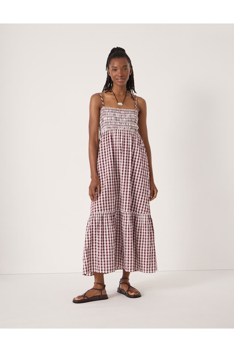 Leni Shirred Gingham Beach Dress, Main, color, Maroon Red & White