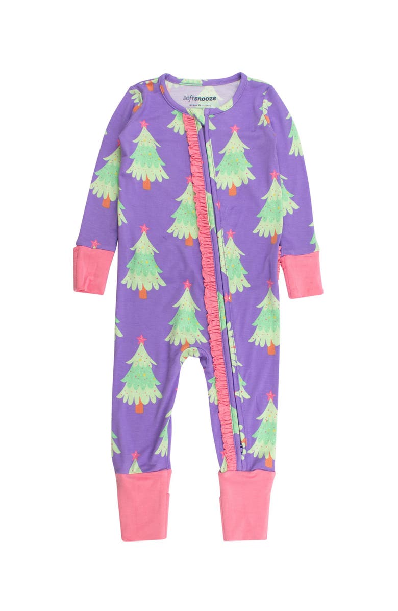 RuffleButts Baby Girls SoftSnooze Convertible Ruffle One Piece Pajama, Main, color, Purple Twinkling Trees