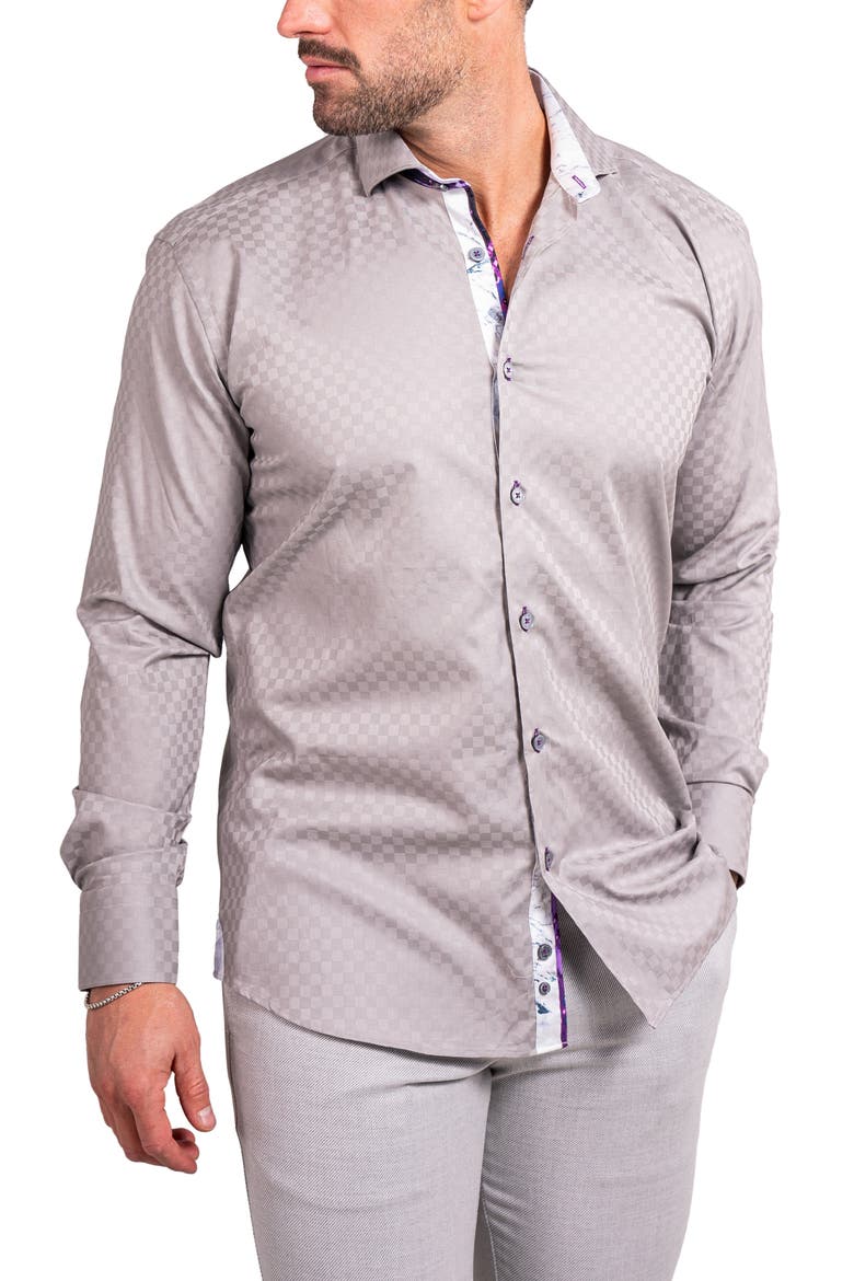Einstein Ascension0090 Grey Tonal Checkerboard Cotton Button-Up Shirt, Alternate, color, GREY