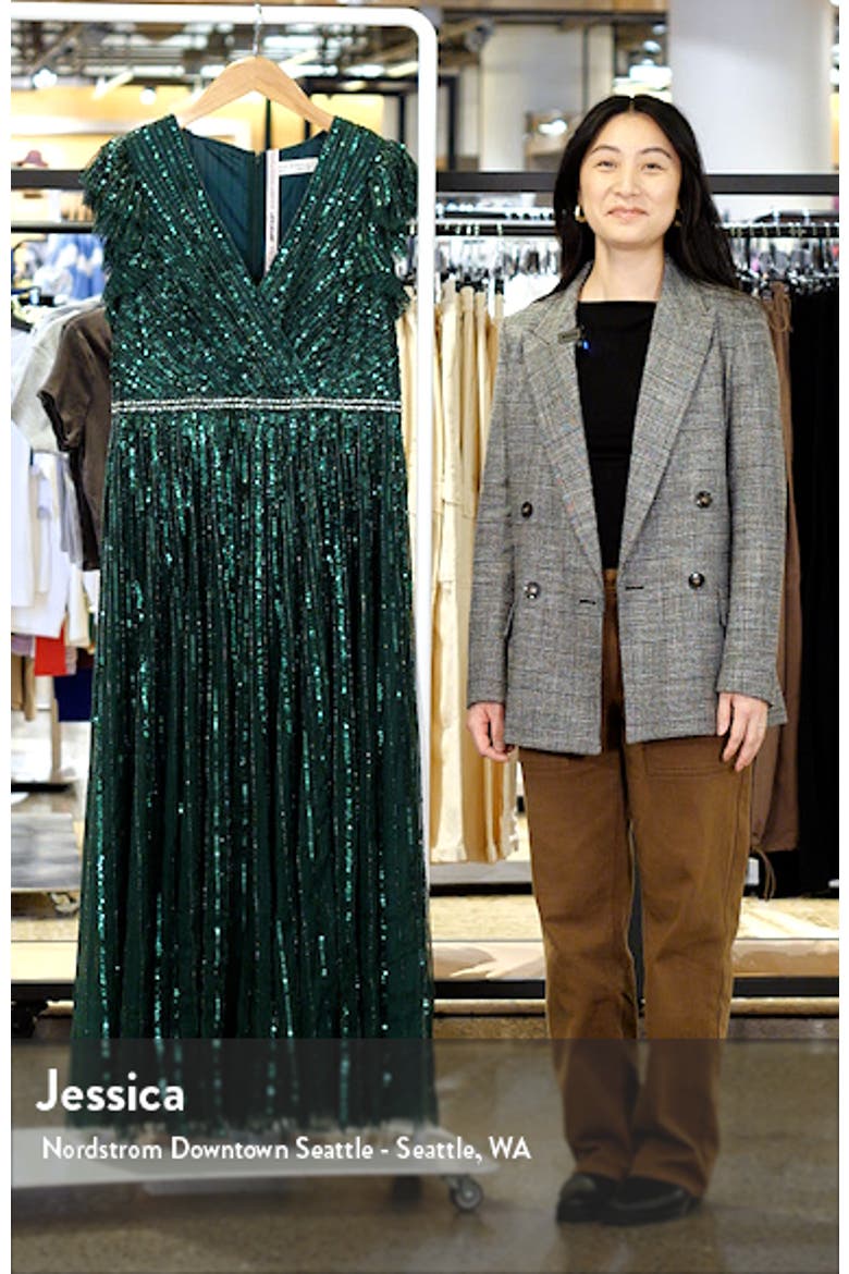 Women's Sequined Wrap Over Ruffled Cap Sleeve Gown video