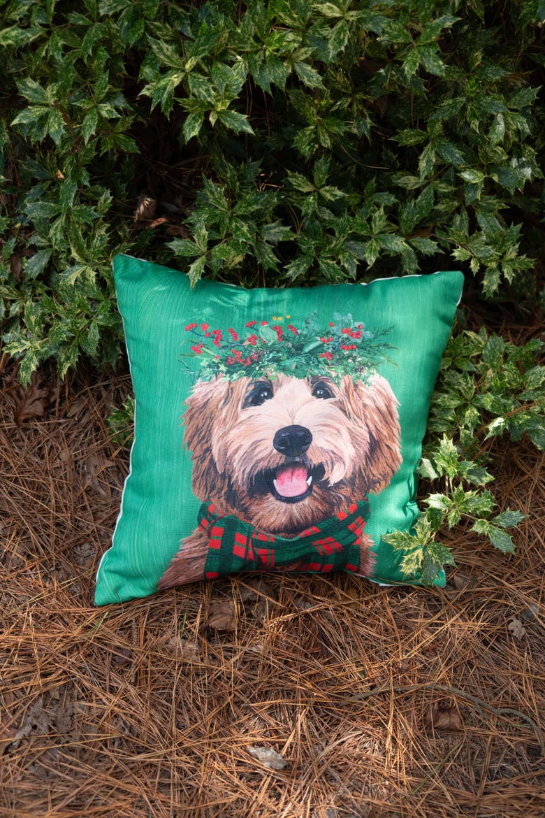 Cute Holiday Labradoodle Dog with Wreath Hat Throw Pillow 18" x 18", Alternate, color, Green