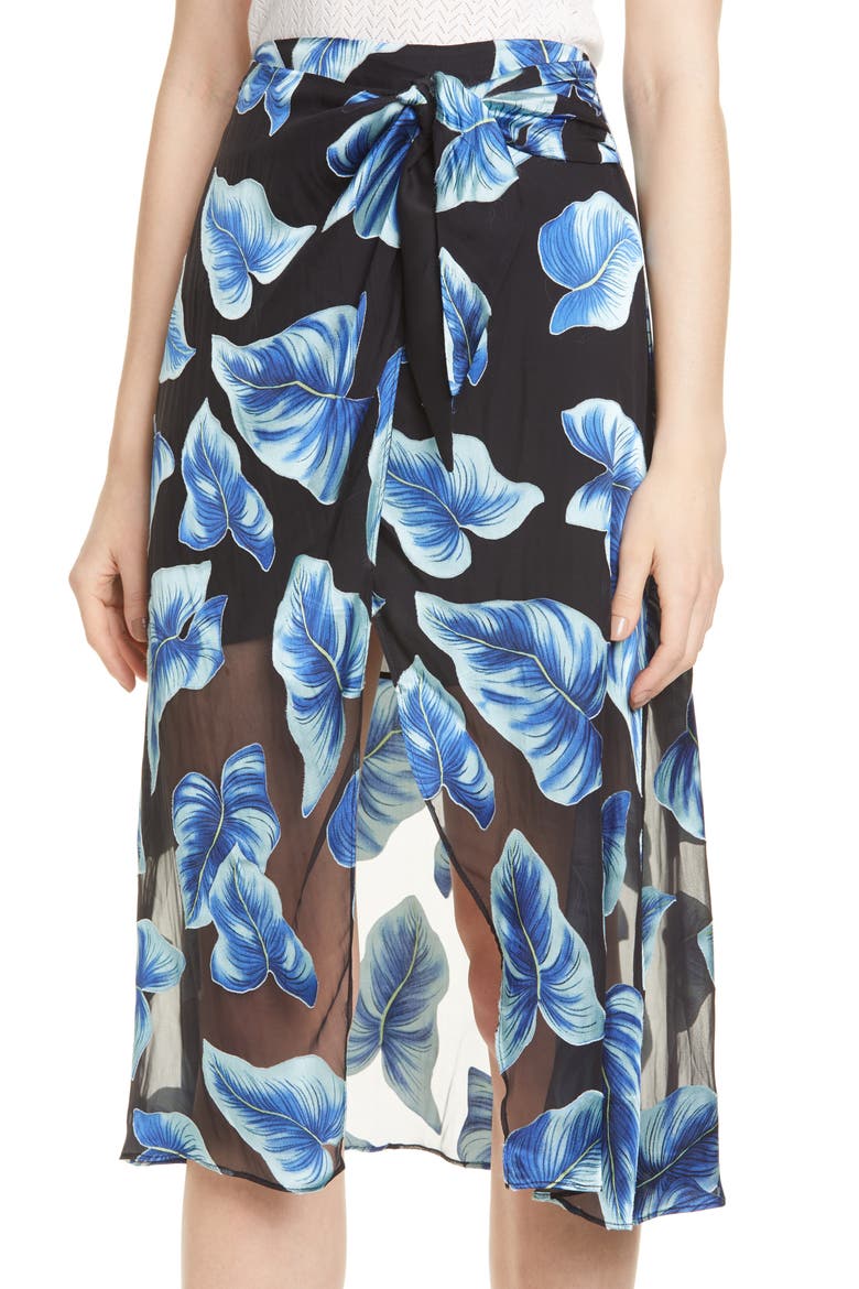 Lumi Tie Wrap Midi Skirt, Alternate, color, PARADISE LEAVES BLK/ BLUE