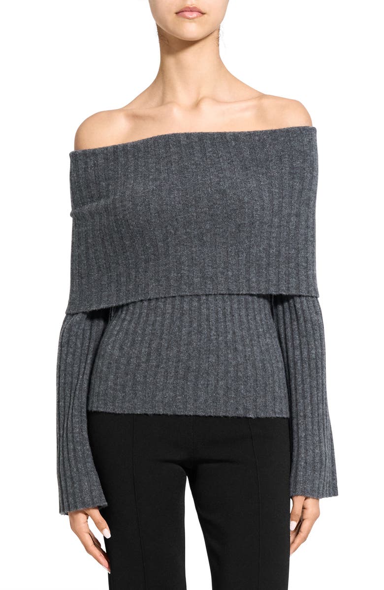 Theory Off the Shoulder Bell Sleeve Merino Wool Blend Sweater, Main, color, Charcoal