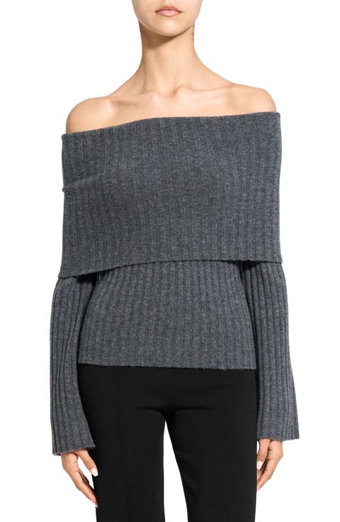 Off the Shoulder Bell Sleeve Merino Wool Blend Sweater