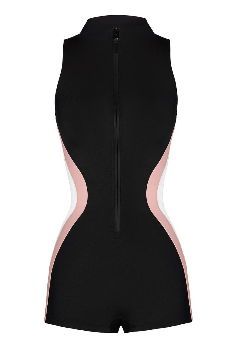 Adjustable Zip Front Boy Short Cut One Piece Swimsuit, Alternate, color, Contour Black/Rose/White