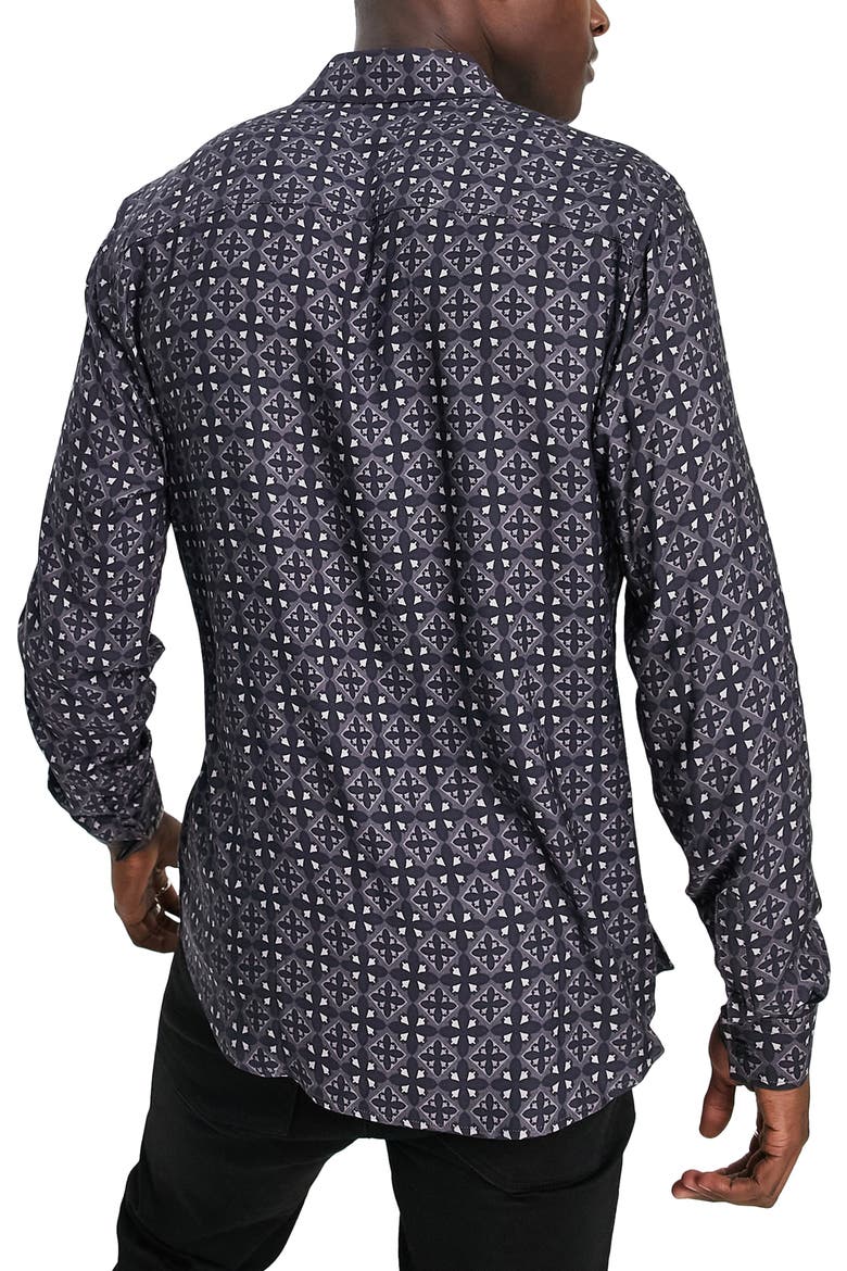Men's Geo Tile Print Button-Up Shirt, Alternate, color, BLACK