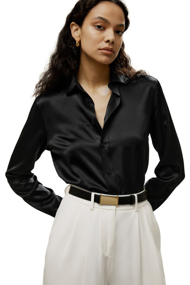 Women's Tailored Button Down Silk Shirt, Main, color, Black