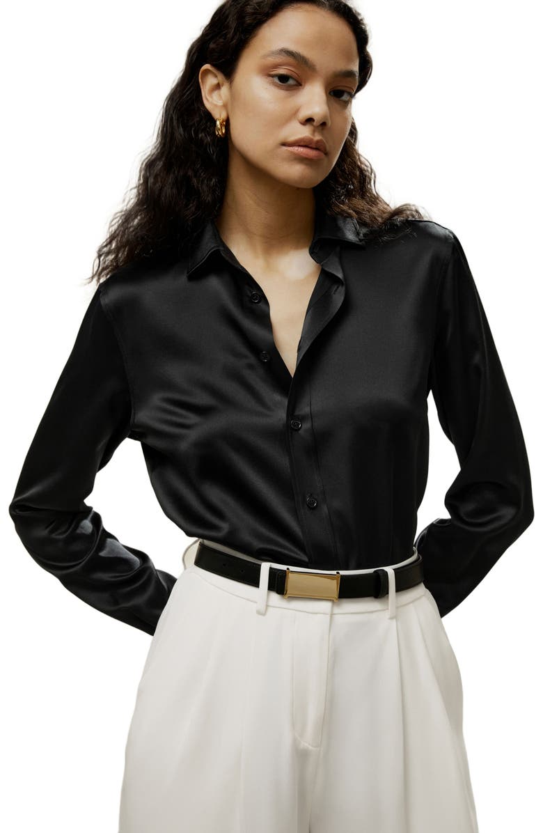 Lilysilk Tailored Button Down Silk Shirt, Main, color, Black