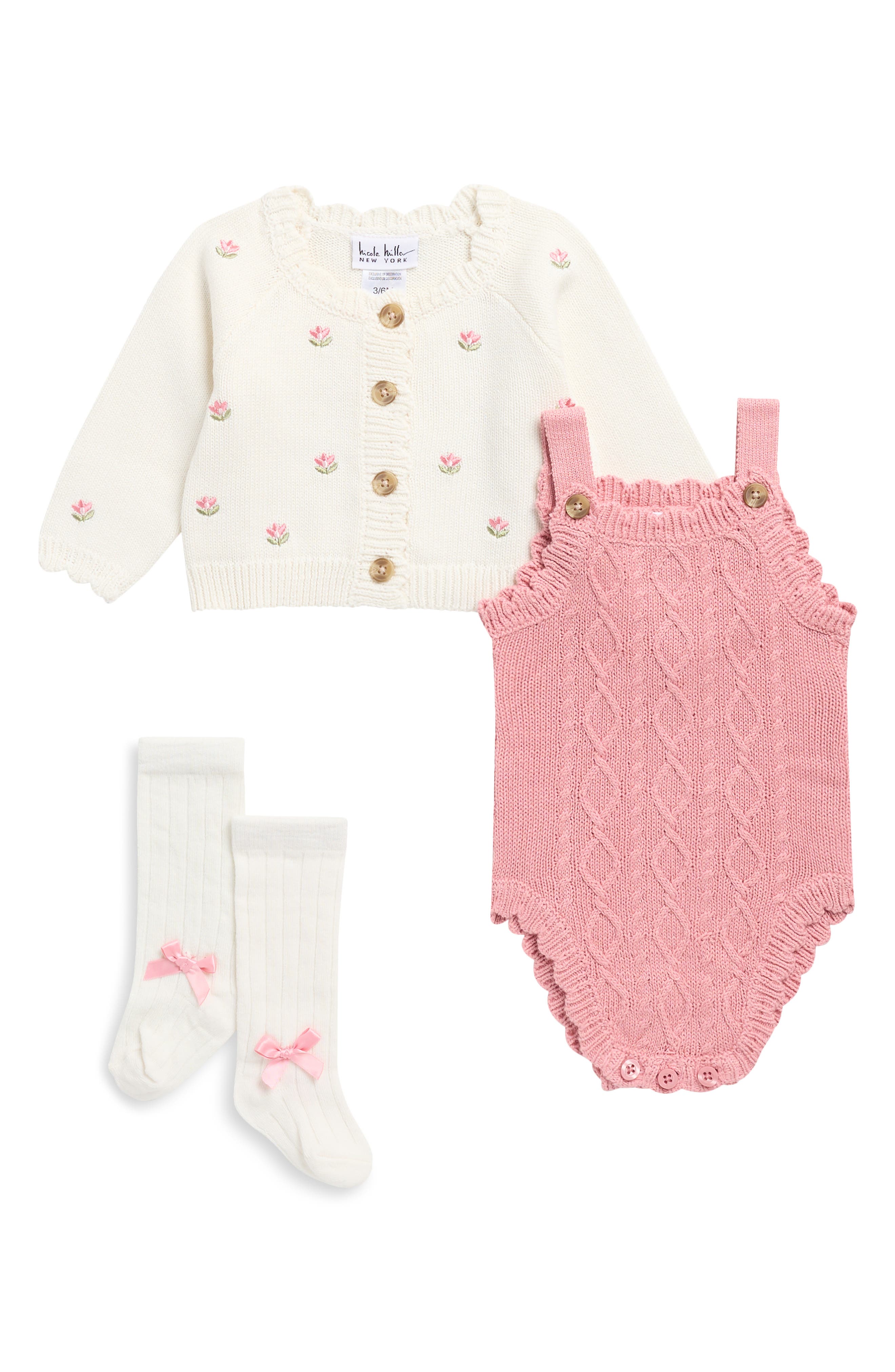 Nicole Miller Babies'  Knit Bodysuit, Cardigan & Socks Set In Egret Rose