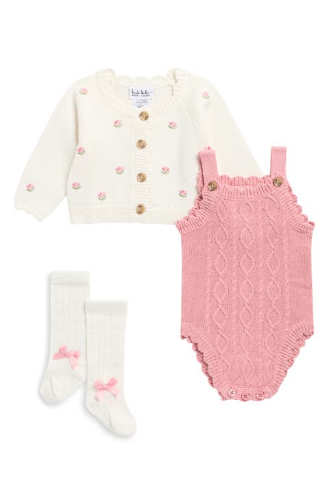 Floral Detail Sweater Knit Bodysuit, Cardigan & Socks Set