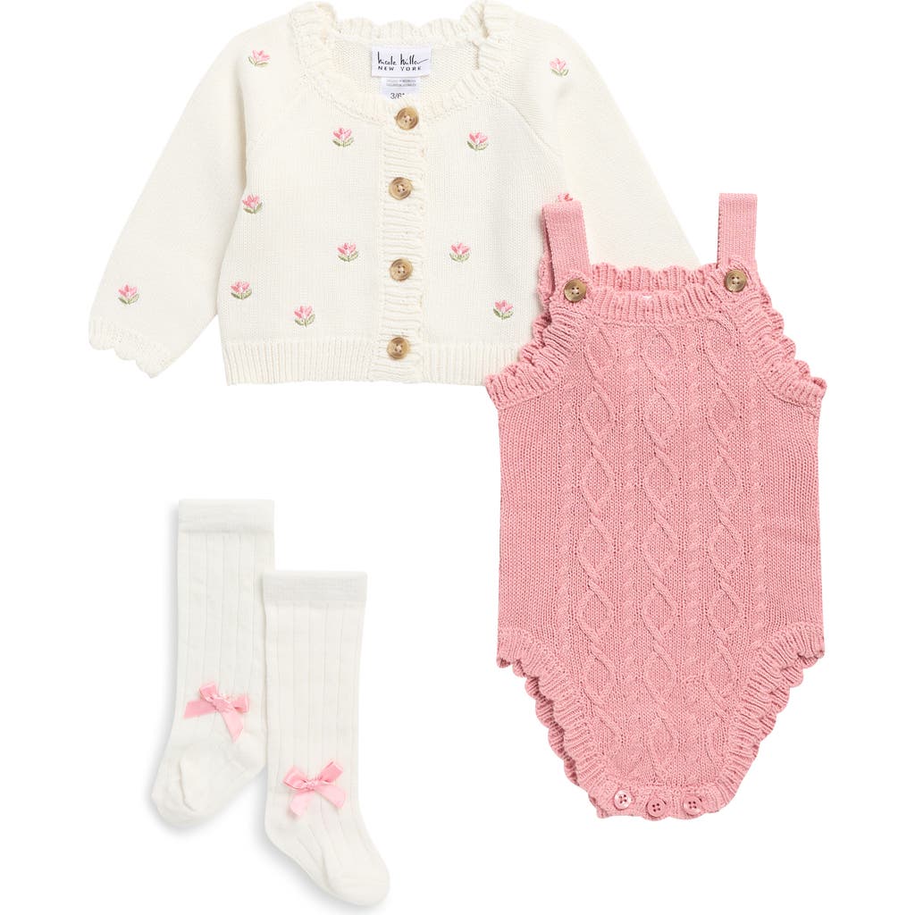 Nicole Miller Babies' Knit Bodysuit, Cardigan & Socks Set In Egret Rose
