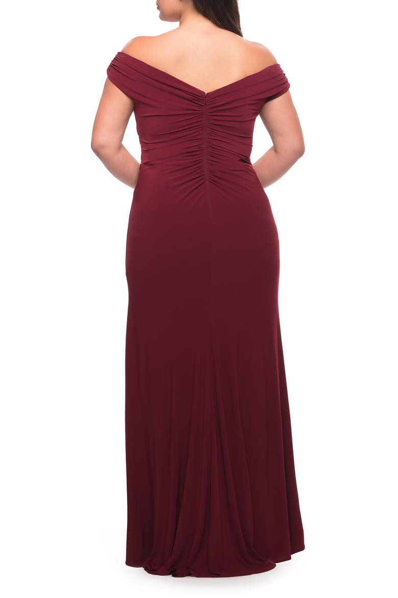Matte Jersey Long Plus Dress with Ruching and Slit, Alternate, color, Wine