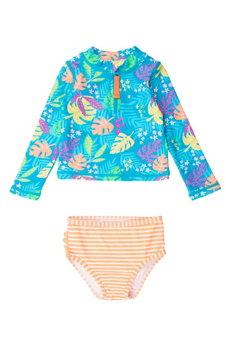 RuffleButts UPF50 Long Sleeve Zipper Rash Guard 2-Piece, Main, color, Neon Tiki Vibes