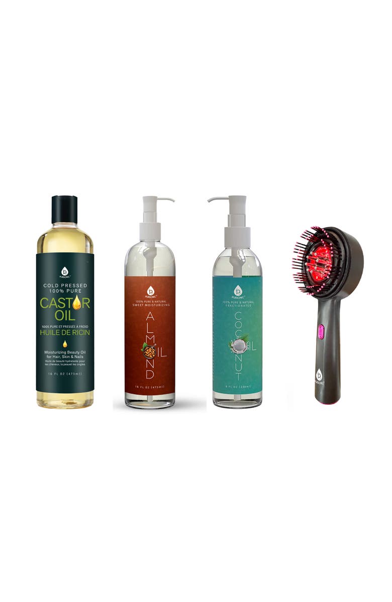 PURSONIC The Ultimate Hair & Skin Restoration Bundle LED Therapy Brush, Castor Oil, Sweet Almond Oil, & Fractionated Coconut Oil, Main, color, Multicolor