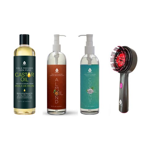 The Ultimate Hair & Skin Restoration Bundle LED Therapy Brush, Castor Oil, Sweet Almond Oil, & Fractionated Coconut Oil