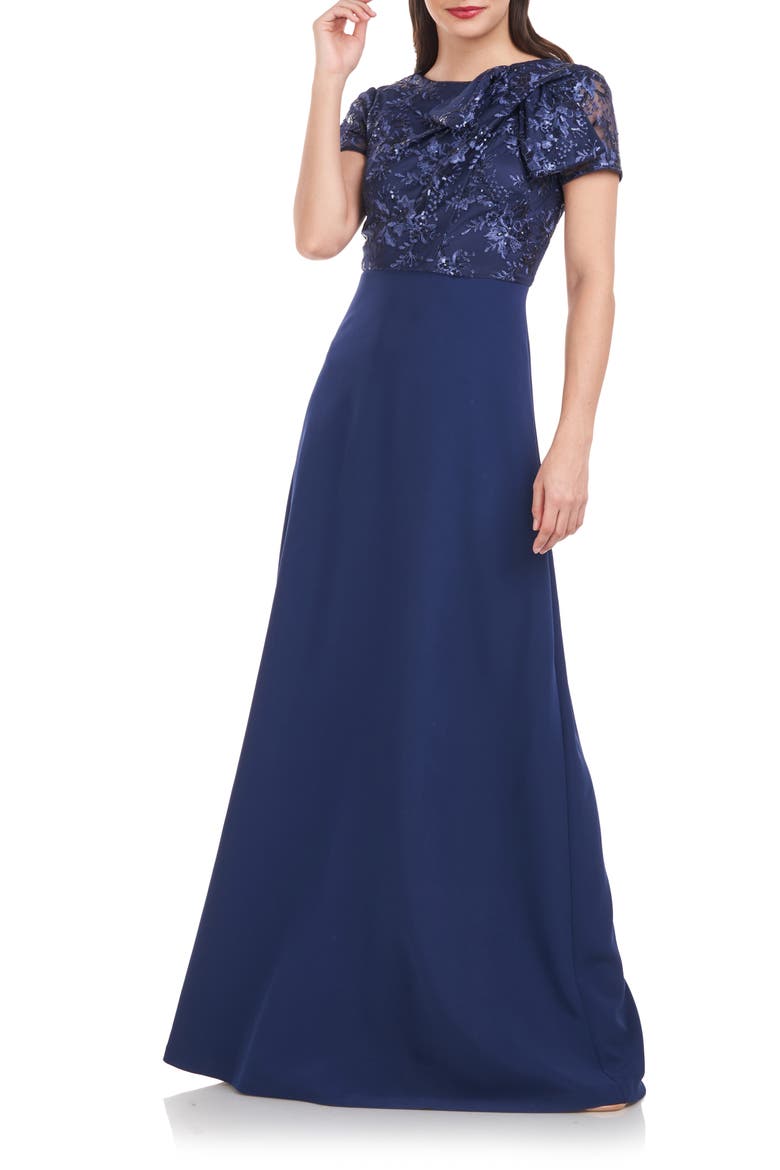 Rae Floral Embroidered Bow Detail A-Line Gown, Main, color, NAVY
