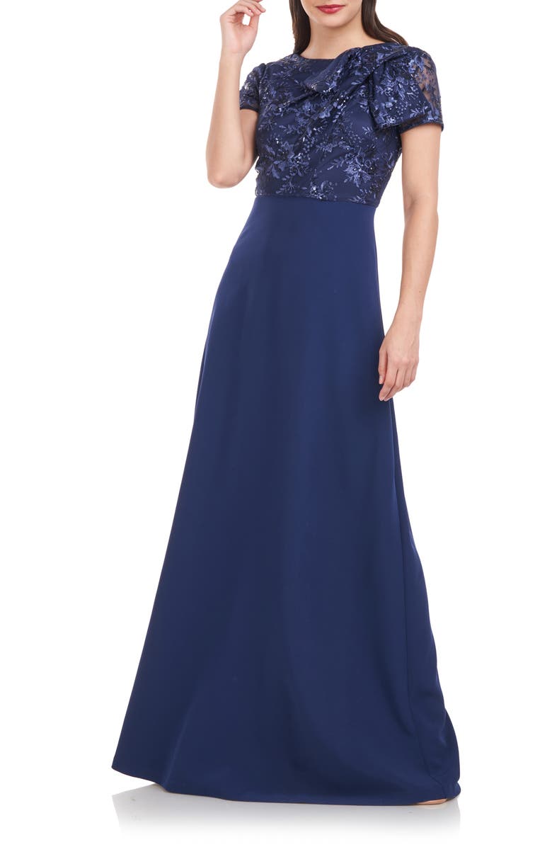 JS Collections Rae Floral Embroidered Bow Detail A-Line Gown, Main, color,