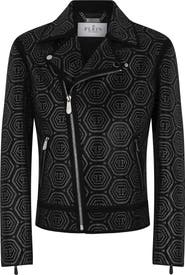 PHILIPP PLEIN Suede Biker Jacket Monogram Stones Men