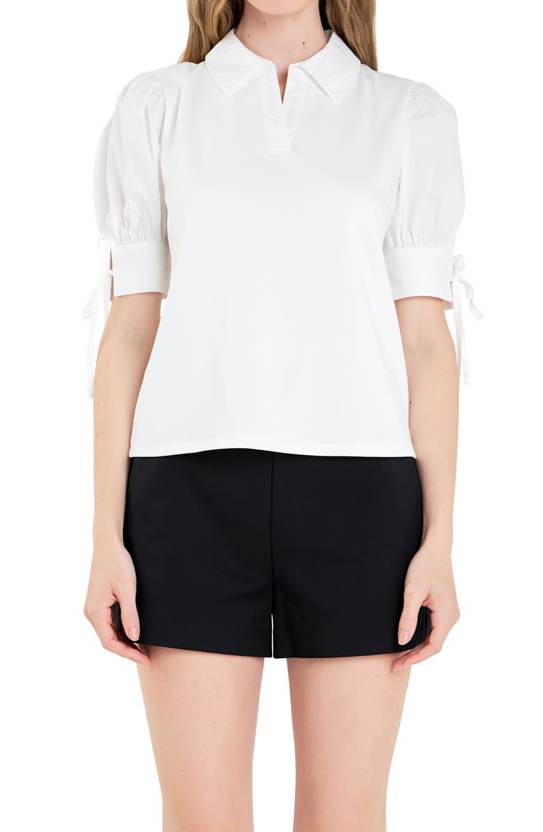 English Factory Mixed Media Puff Sleeve Top, Alternate, color, 