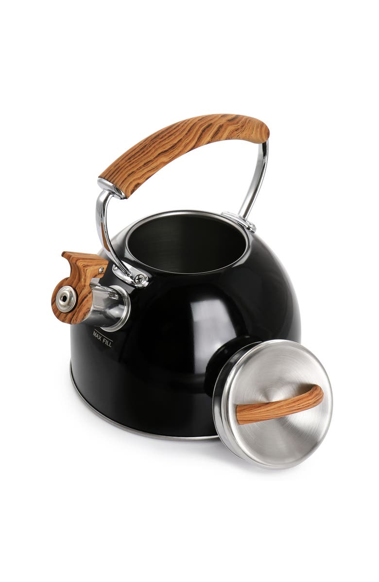 Mr. Coffee 2 Quart Stainless Steel Whistling Tea Kettle with Wood Pattern Handle, Alternate, color, Black