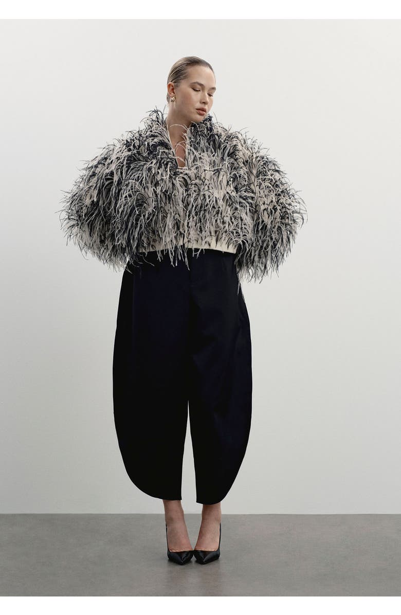 11 Honoré Ostrich Feather Cropped Jacket, Alternate, color, Cream And Black