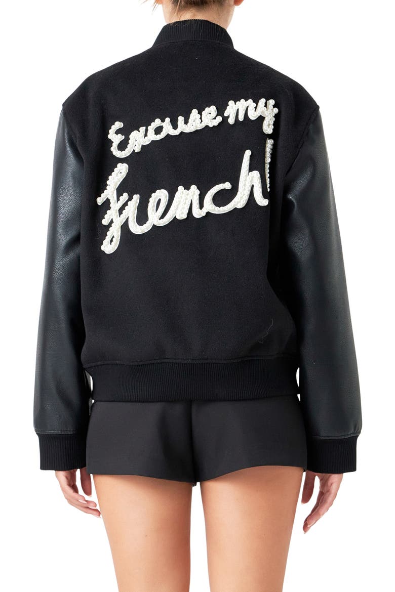 Imitation Pearl Detail Bomber Jacket, Alternate, color, BLACK