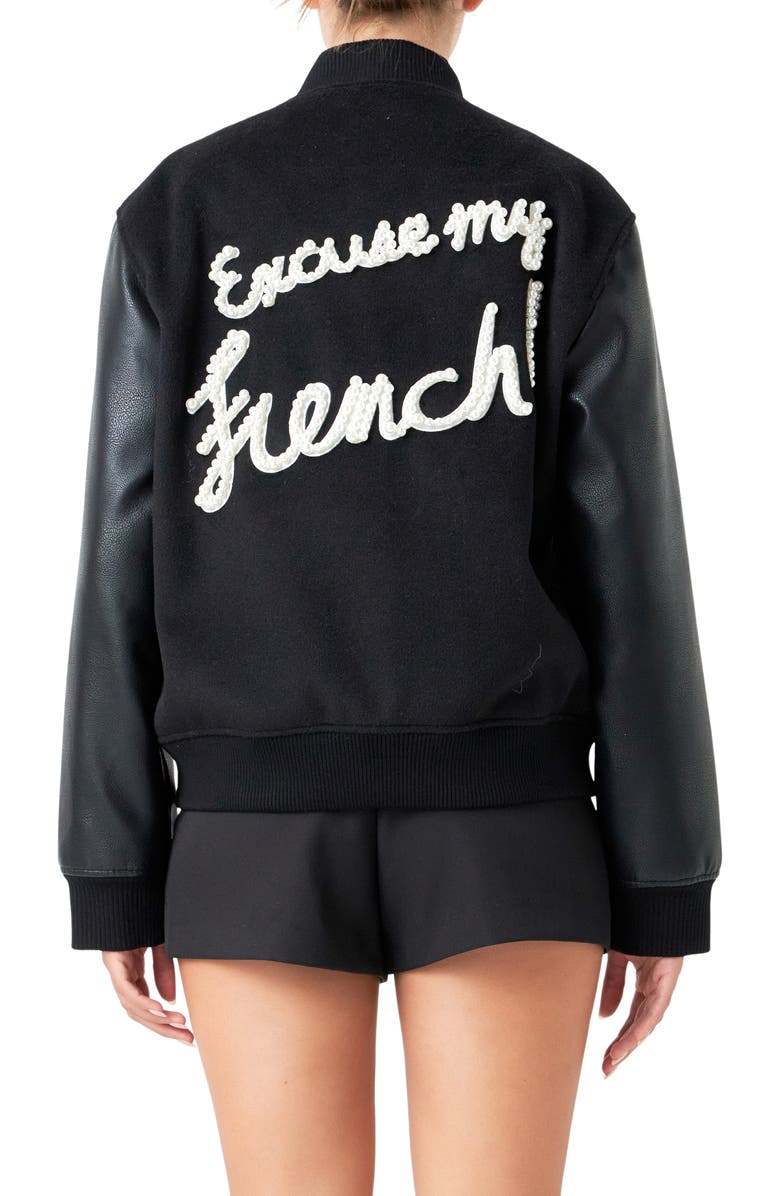 Endless Rose Imitation Pearl Detail Bomber Jacket, Alternate, color, Black