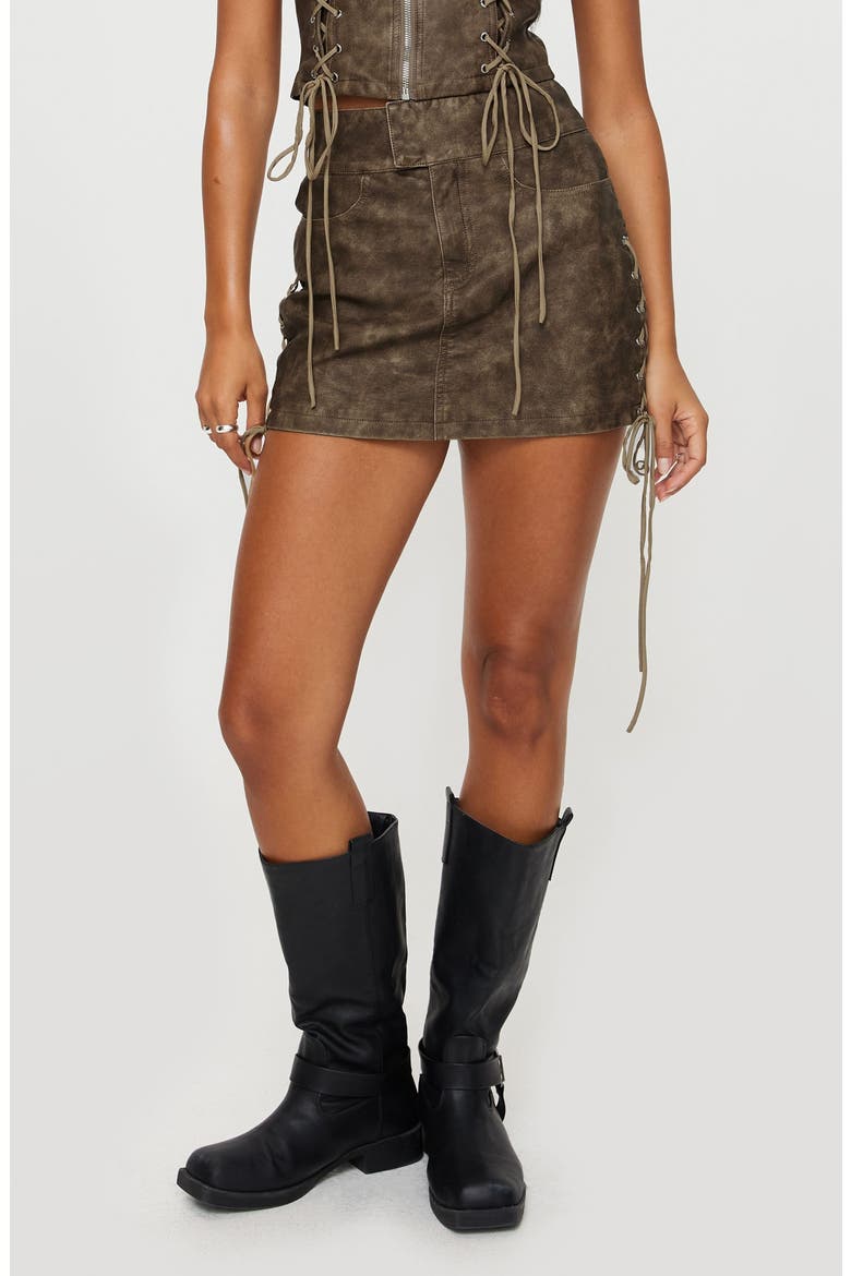 Ceejay Lace-Up Faux Leather Miniskirt, Main, color, BROWN