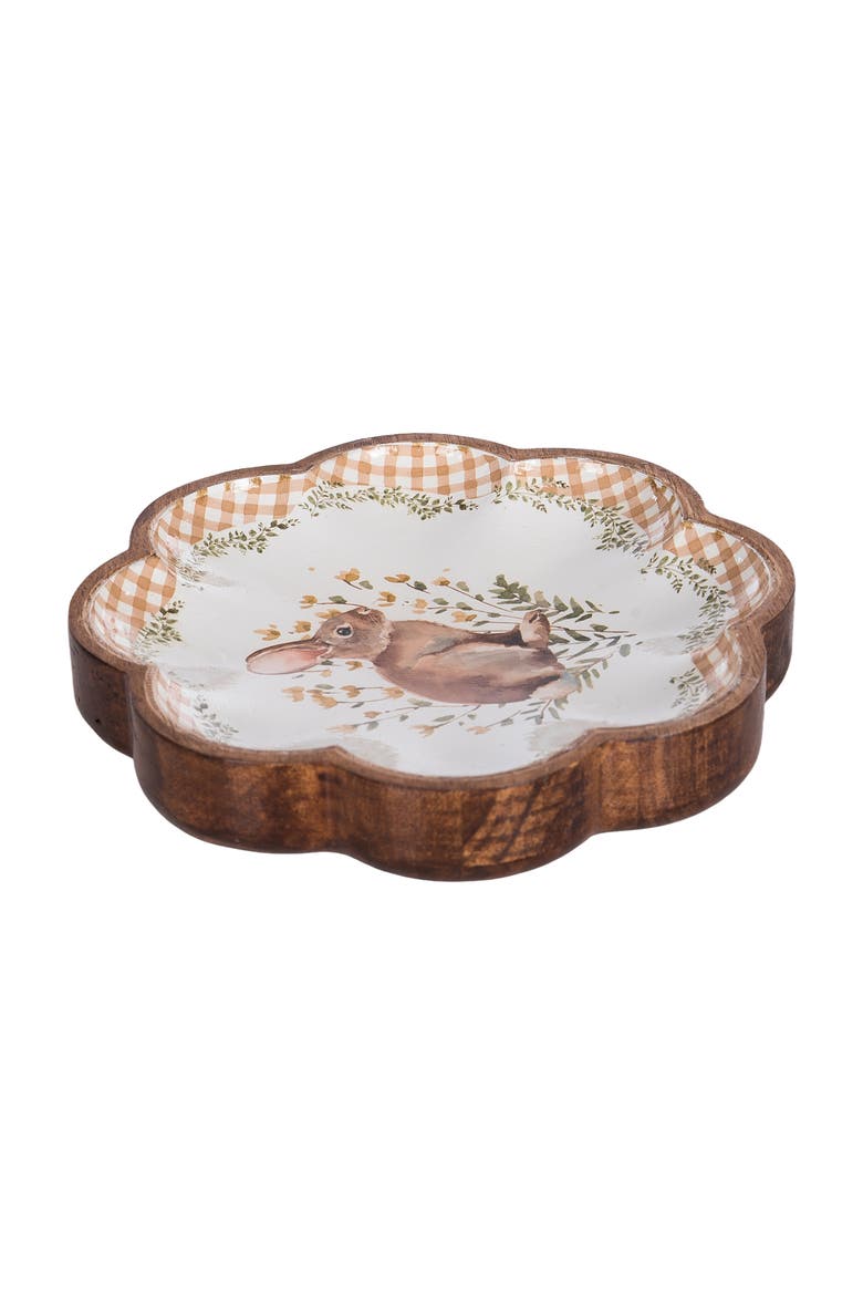 Plaid Tulip Flowers & Garden Bunny Decorative Spring Wooden Tray 8.66", Alternate, color, Brown