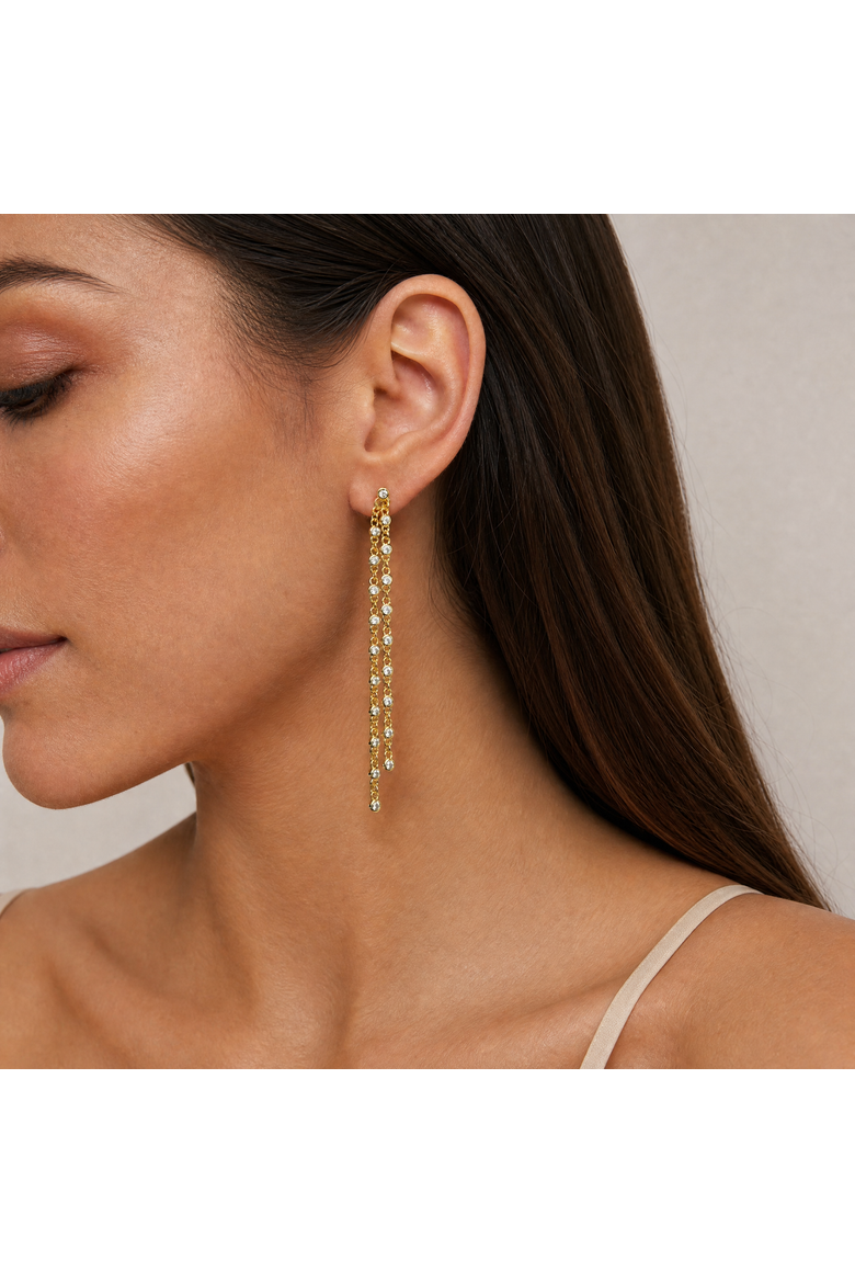 CZ Bezeled Double Chain Drop Earring, Alternate, color, Gold
