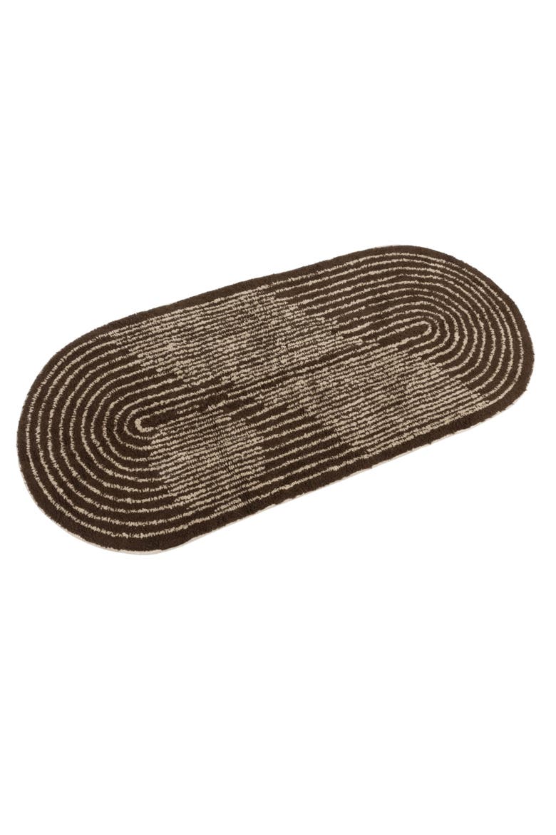 Modern Oval Cotton Tufted Rug with Woven Line Design, Brown and Ivory, Main, color, Brown