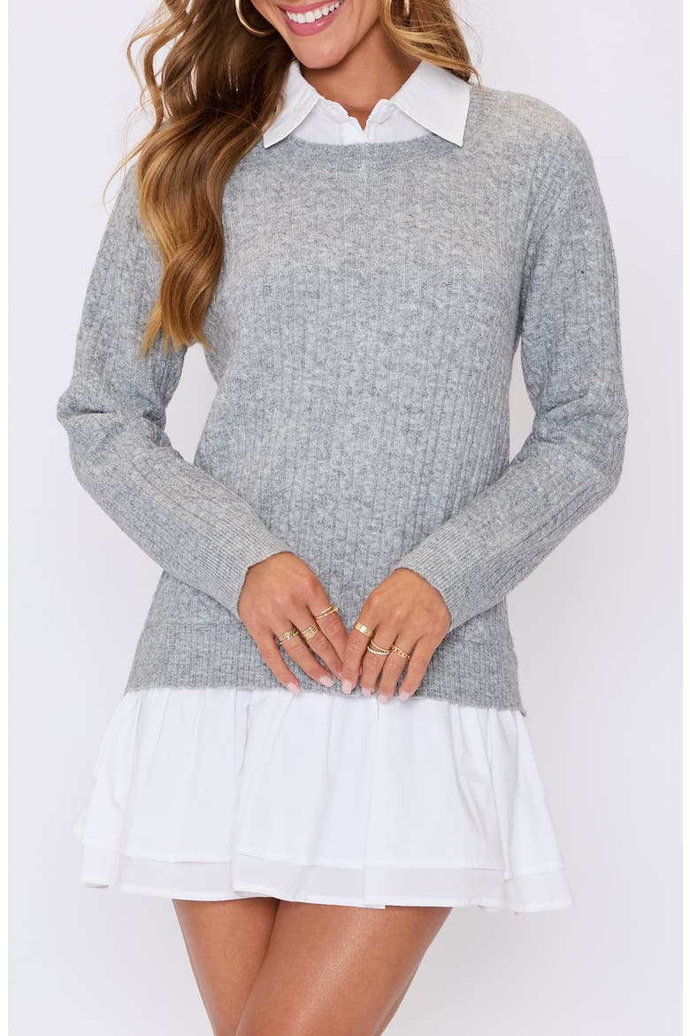 Modern Prep Layered Mixed Media Long Sleeve Minidress, Main, color, HEATHER GREY WHITE