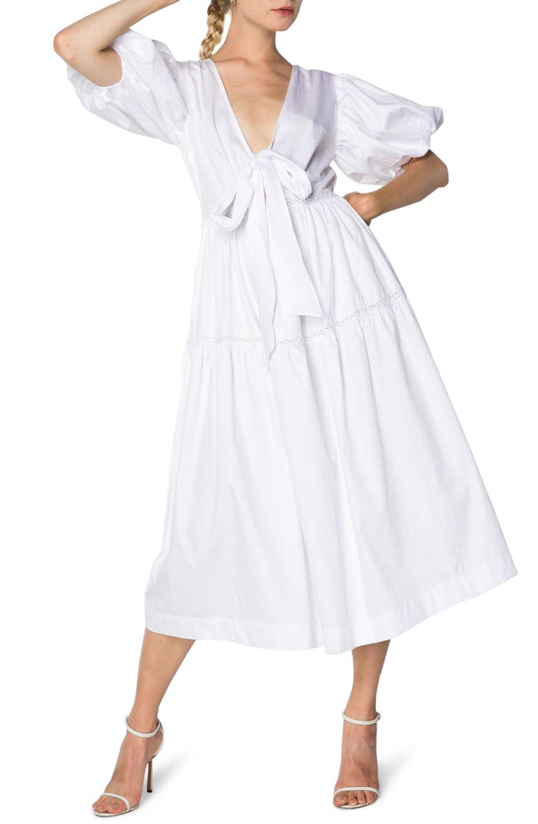 S/W/F Peace Tie Plunge Neck Poplin Midi Dress, Main, color, 