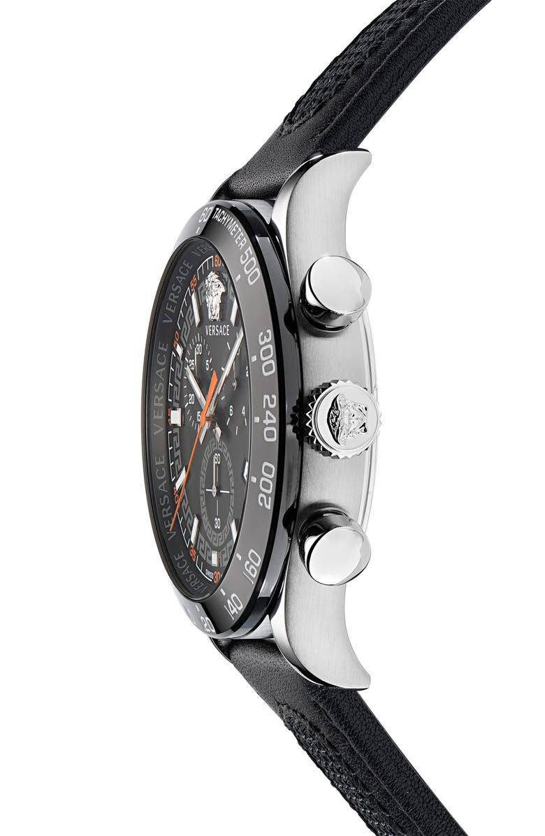 Versace Hellenyium Chronograph Leather Strap Watch, 44mm, Alternate, color, Stainless Steel