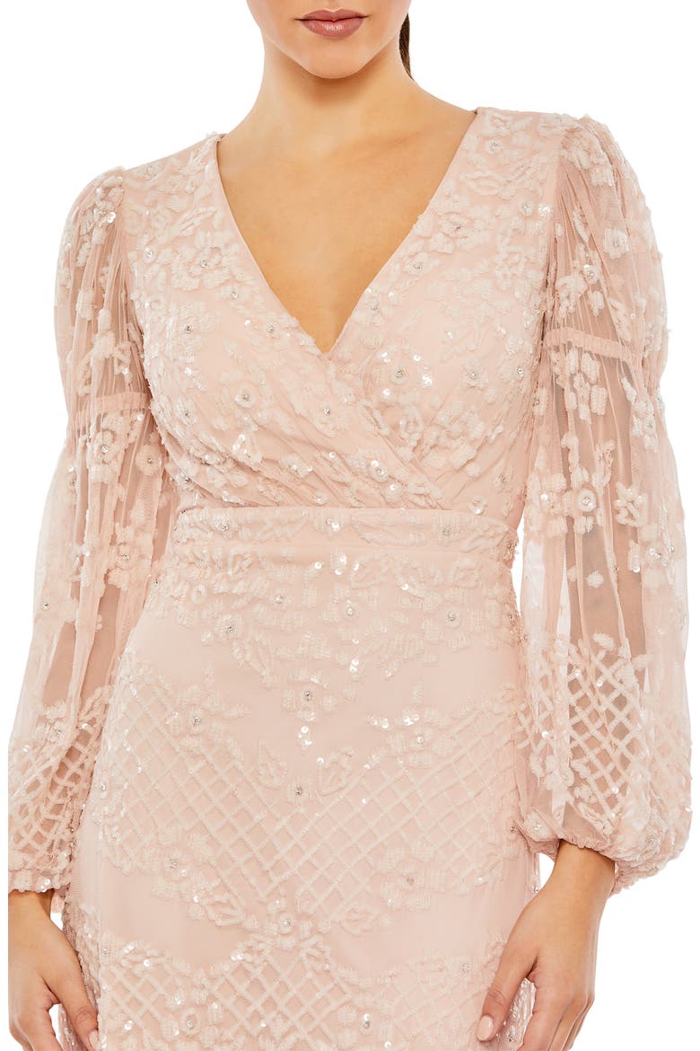 Sequined Tiered Wrap Over Puff Sleeve Gown, Alternate, color, BLUSH
