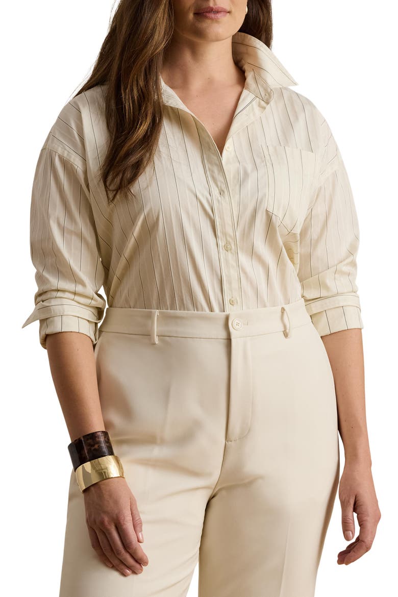 Broadcloth Cotton Button-Up Shirt, Alternate, color, CREAM/ BLACK