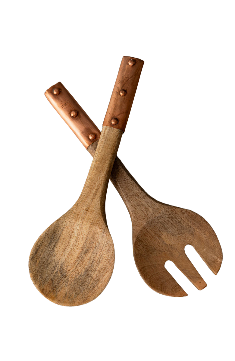 Coppermill Kitchen Vintage Inspired Wood Serving Utensils with Copper Strap Handles, Main, color, Brown