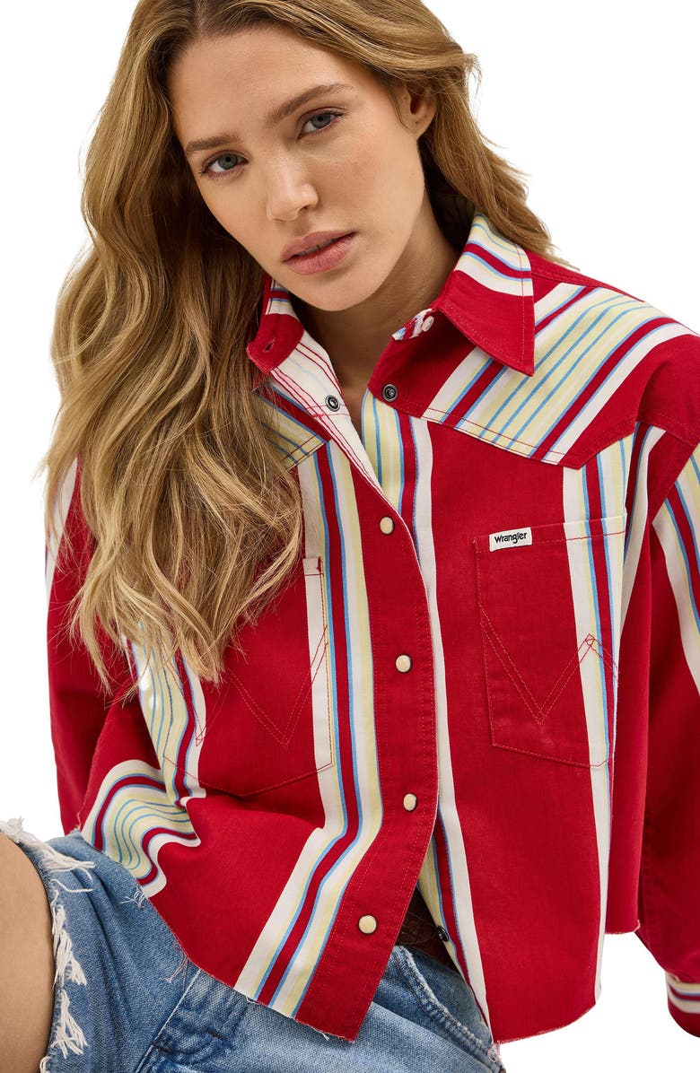 Wrangler Heritage Stripe Cutoff Denim Western Shirt, Alternate, color, Chili Stripe