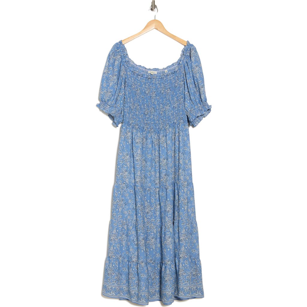 Max Studio Smocked Short Sleeve Tiered Maxi Dress In Denim Rosette Toile