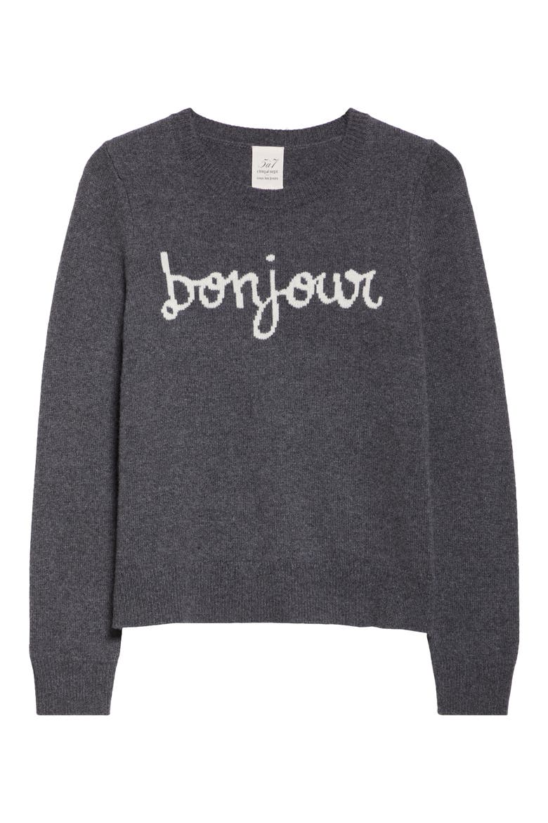Bonjour Intarsia Crewneck Wool Blend Sweater, Alternate, color, HEATHER GREY/ IVORY