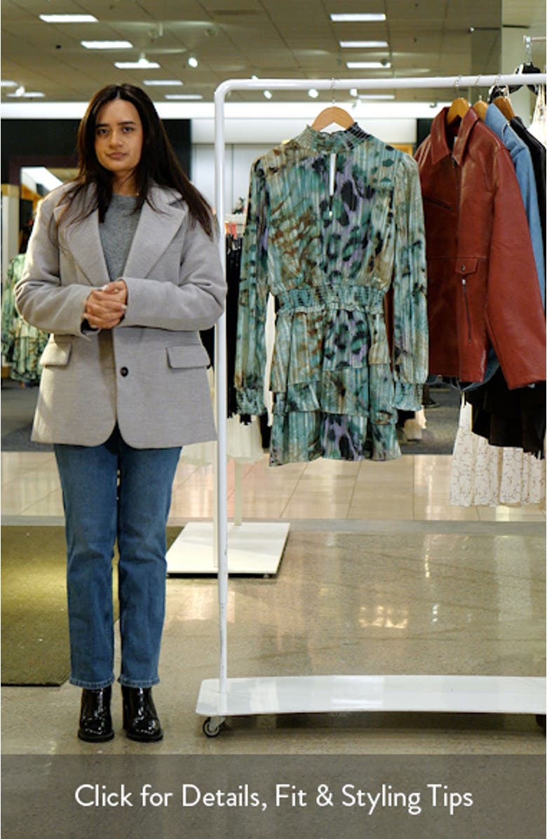 Print Metallic Smocked Long Sleeve Minidress, sales video thumbnail