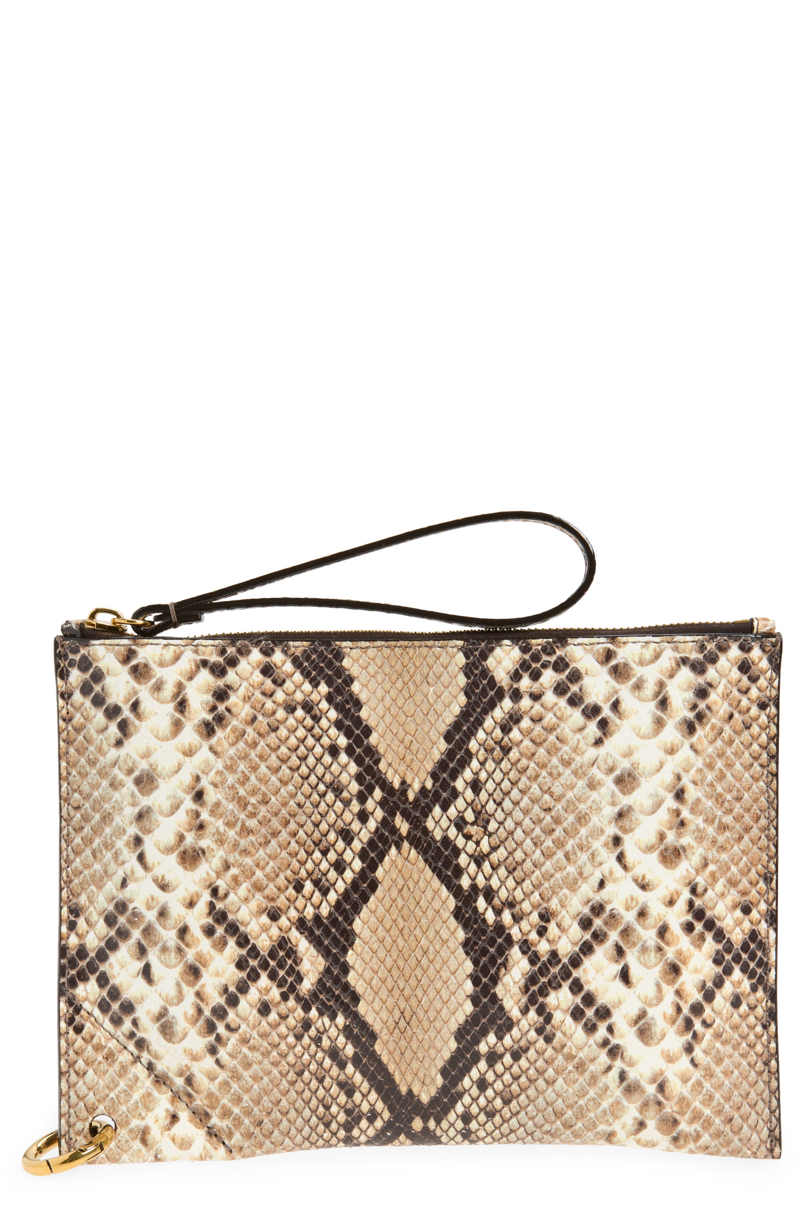 Chloé Spin Snakeskin Embossed Leather Zip Pouch, Main, color, Dusty Beige