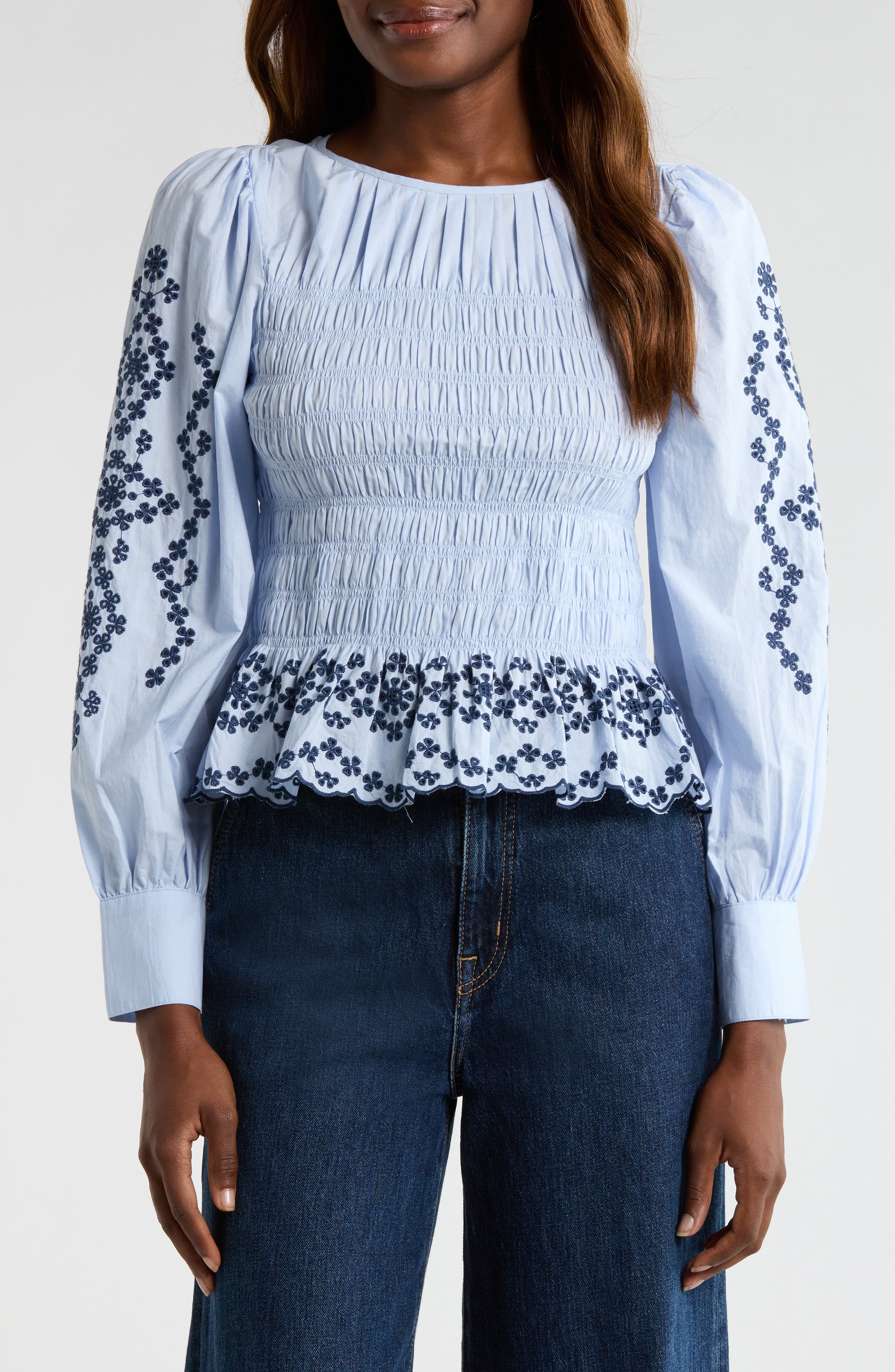 Tabi Embroidered Smocked Cotton Top