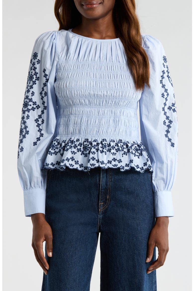 Tabi Embroidered Smocked Cotton Top, Main, color, BLUE BIRD