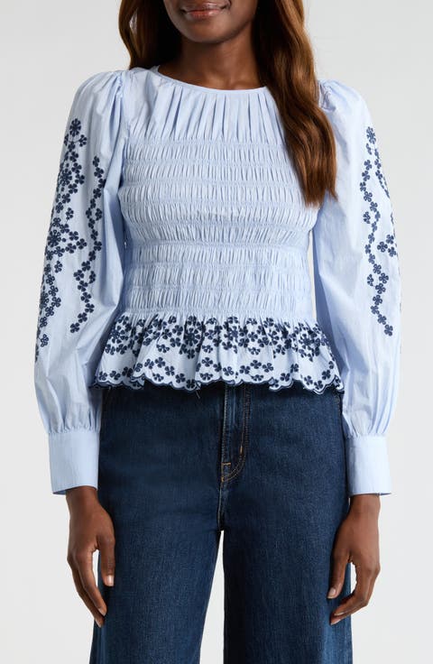 Tabi Embroidered Smocked Cotton Top